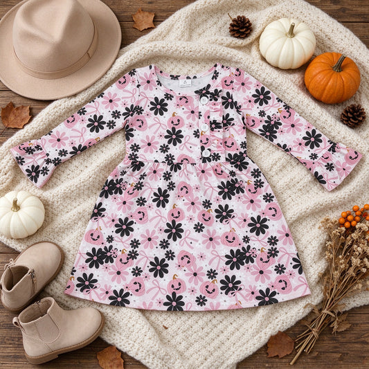 NEW RTS NO MOQ milk silk GLD1637 Baby Girls Ghosts Pumpkins Flowers Long Sleeve Button Halloween Knee Length Dresses