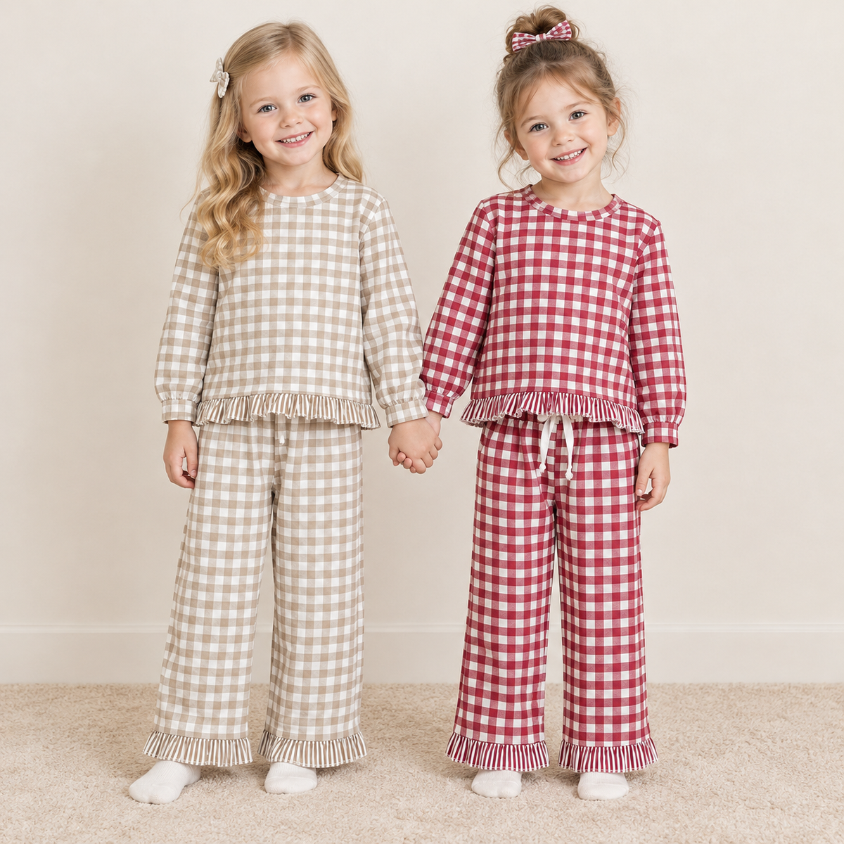 RTS NO MOQ Sibling milk silk Baby Girls Checked Print Long Sleeve  Top Ruffle Pant Set