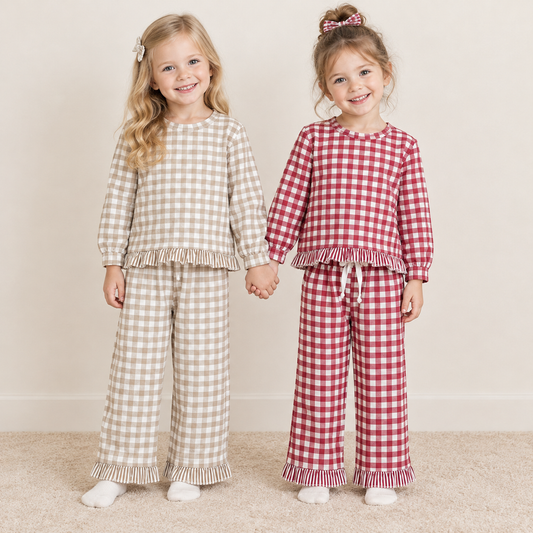 RTS NO MOQ Sibling milk silk Baby Girls Checked Print Long Sleeve  Top Ruffle Pant Set