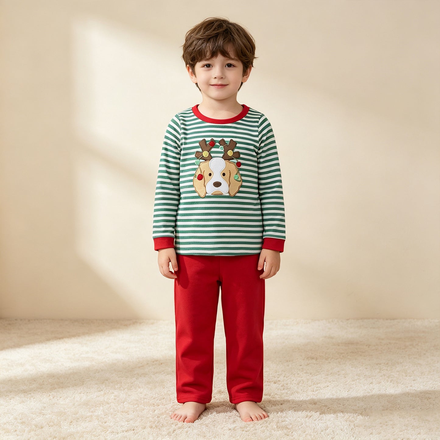 NEW RTS NO MOQ milk silk BLP1502 Embroidery Boys Green Light Dog Top Pant Christmas Casual Outfit