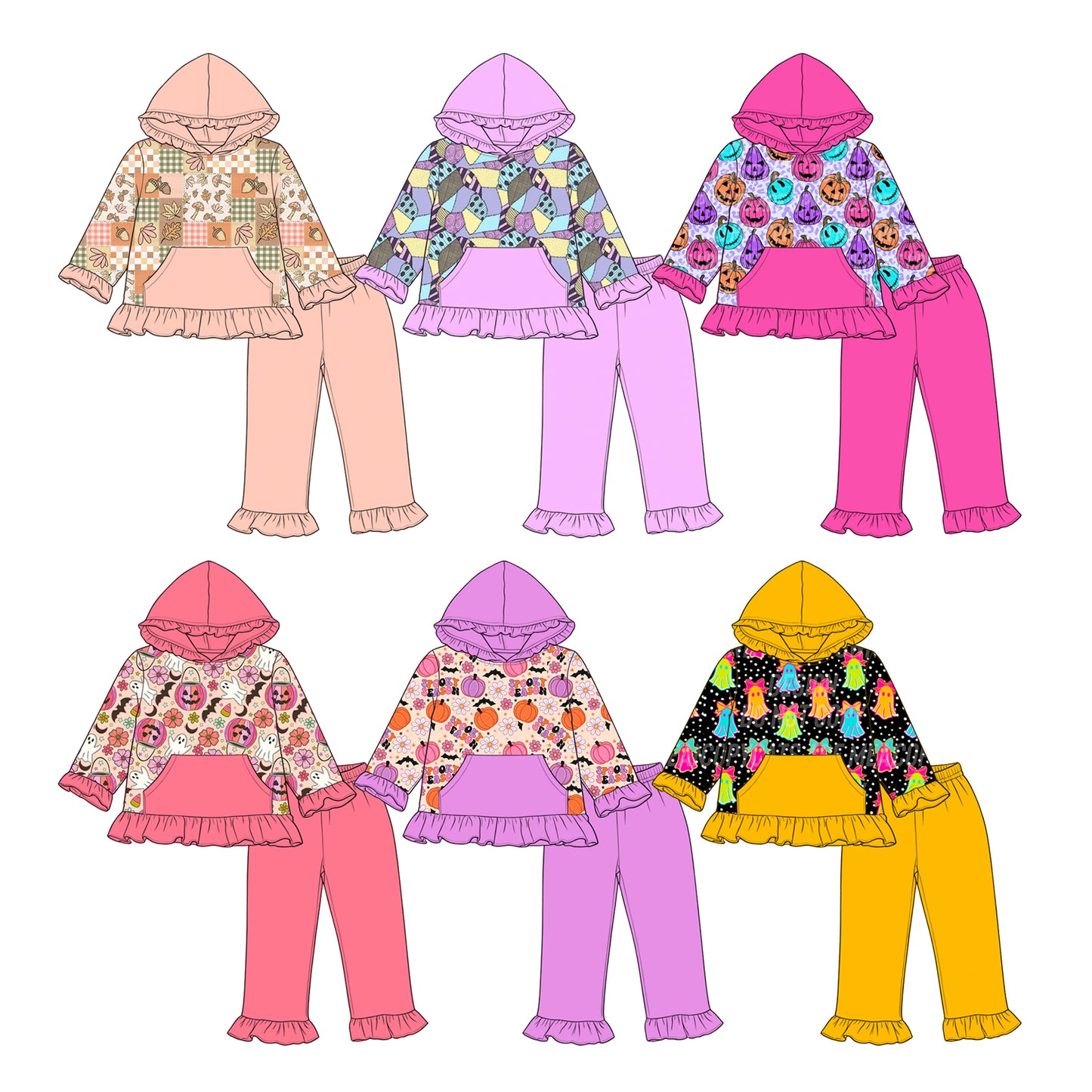 (Pre Order) No moq milk silk Baby Girls Halloween Pumpkin Long Sleeve Hoodie Ruffle Pants Set