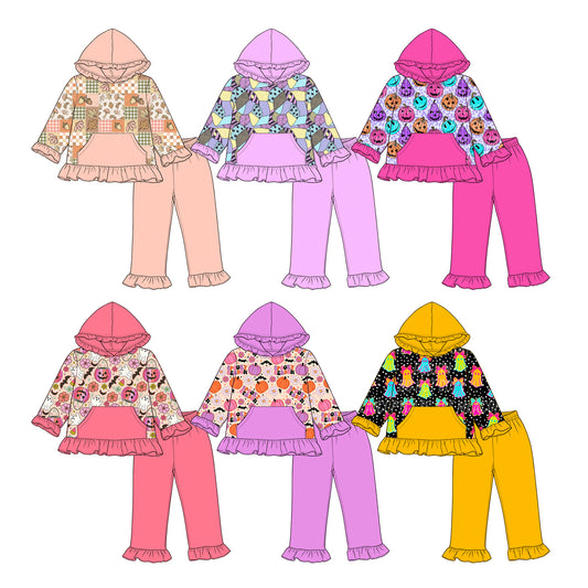 (Pre Order) No moq milk silk Baby Girls Halloween Pumpkin Long Sleeve Hoodie Ruffle Pants Set
