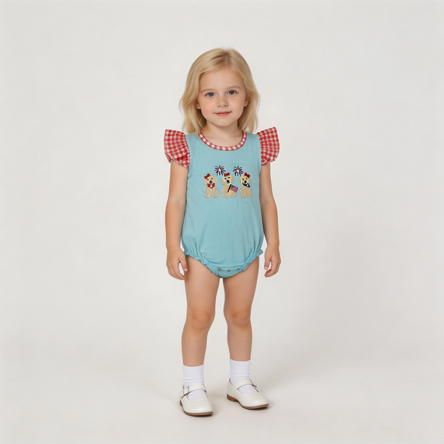 RTS NO MOQ milk silk SR4051 Baby Girls Cute Embroidery Dogs Flags Ruffle Flutter Sleeve Rompers