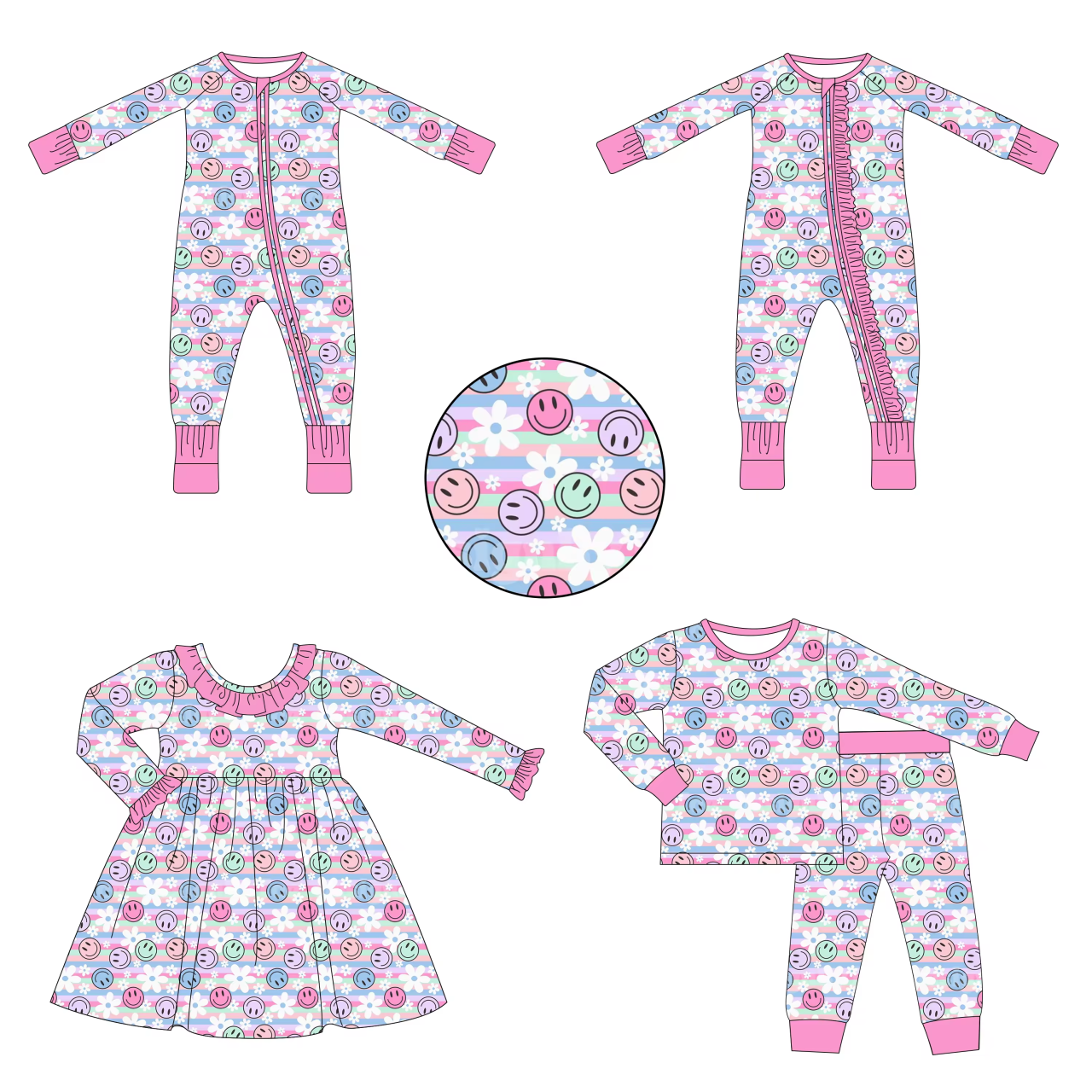 Custom moq 3 each mix size eta 6-8weeks  Colorful smiley face floral stripe mixed set