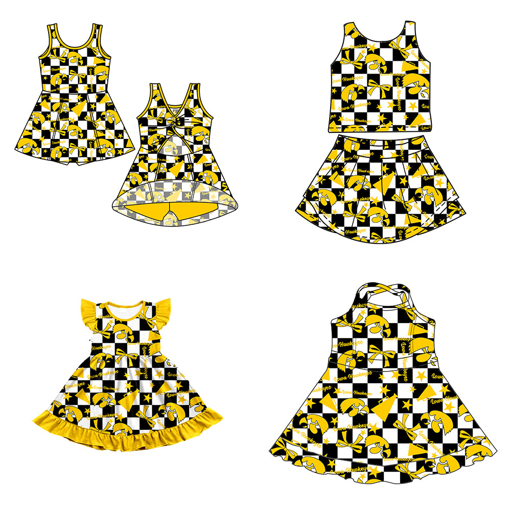 Custom moq 5 mix size milk silk summer teams baby girls clothes team bow yellow sleeveless skirts sets and dress 1 and dress 2 and dress 3-25.6.30
