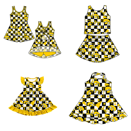 Custom moq 5 mix size milk silk summer teams baby girls clothes team bow yellow sleeveless skirts sets and dress 1 and dress 2 and dress 3-25.6.30