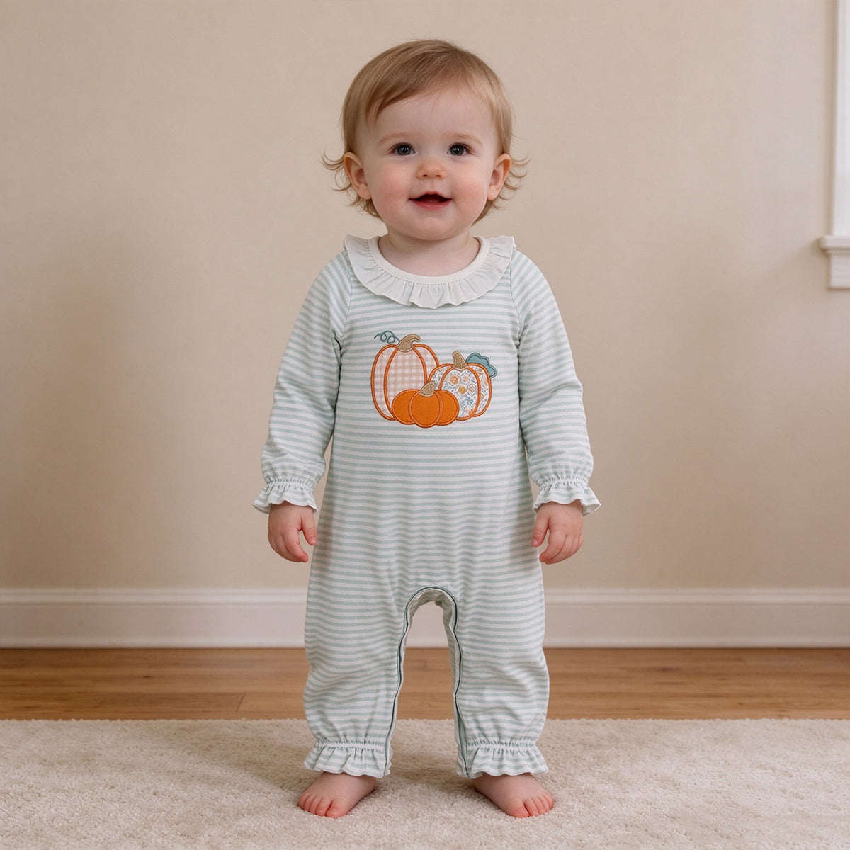 NEW RTS NO MOQ milk silk LR3137 Embroidery Baby Girls Long Sleeve Green Stripe Flower Pumpkins Cute Rompers