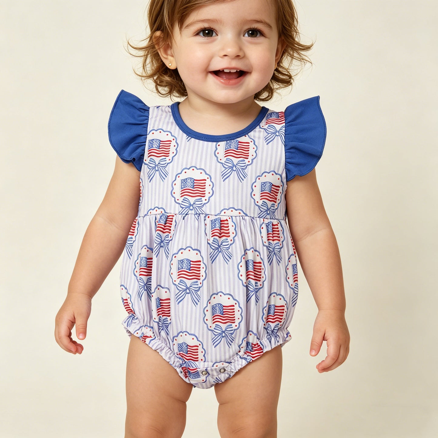 RTS NO MOQ SR4029 Baby Girls 4th of July Ruffle Rompers with Flutter Sleeves Stripe Bows Flags