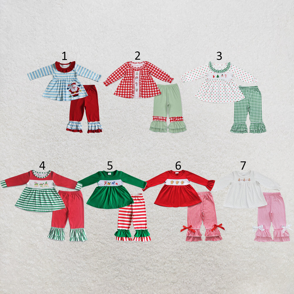 RTS NO MOQ Sibling milk silk Baby Girls Christmas Print Long Sleeve Tunic Ruffle Pants Clothes Sets