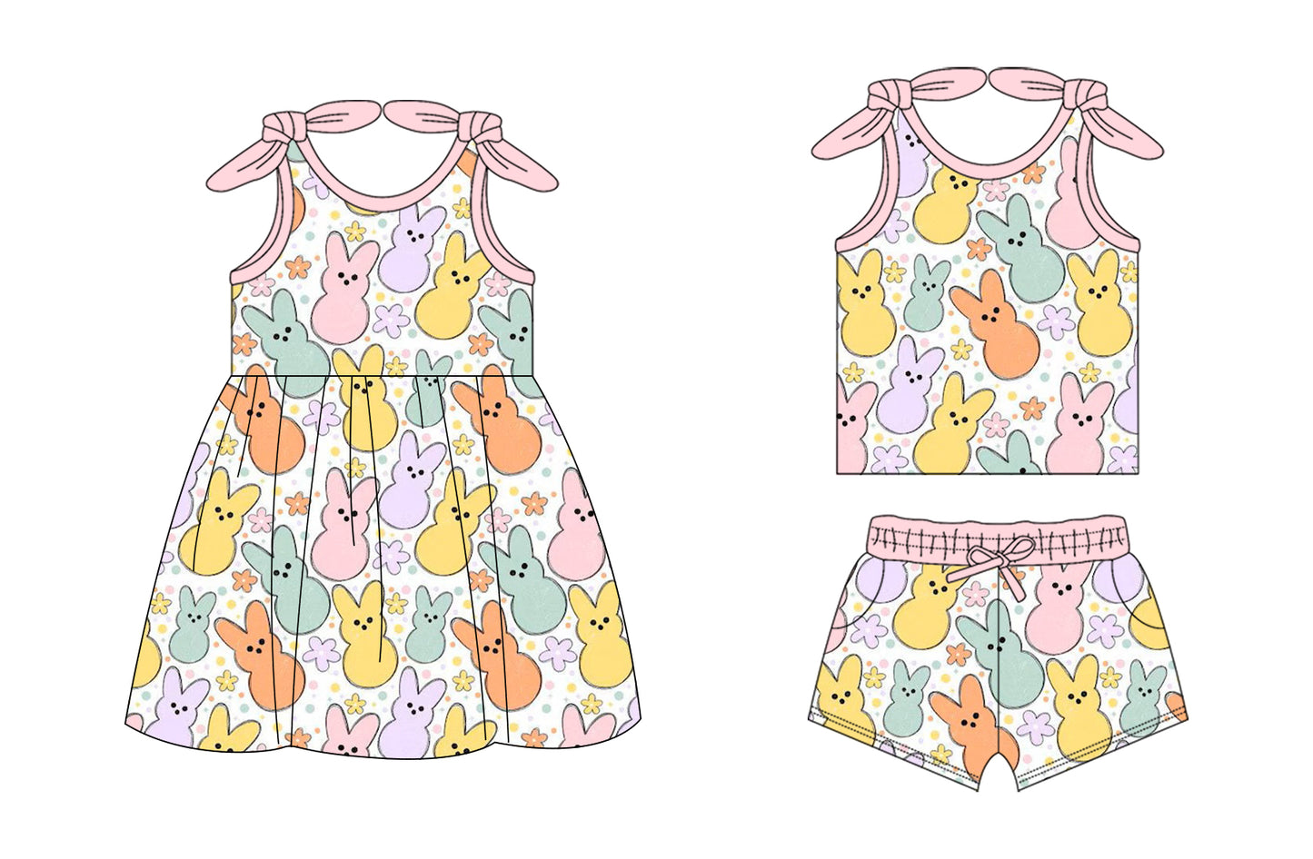 26.1.14 custom each style moq 5 eta 6-8week Sibling Sister bunny floral baby short sleeve shorts sets and dress match design