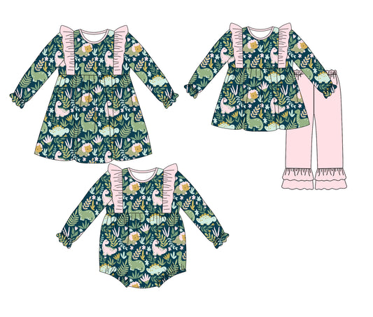 25.8.29 custom each style moq 5eta 4-6week Sibling Sisters dinosaur baby girl long sleeve pants sets and dress and rompers match family design