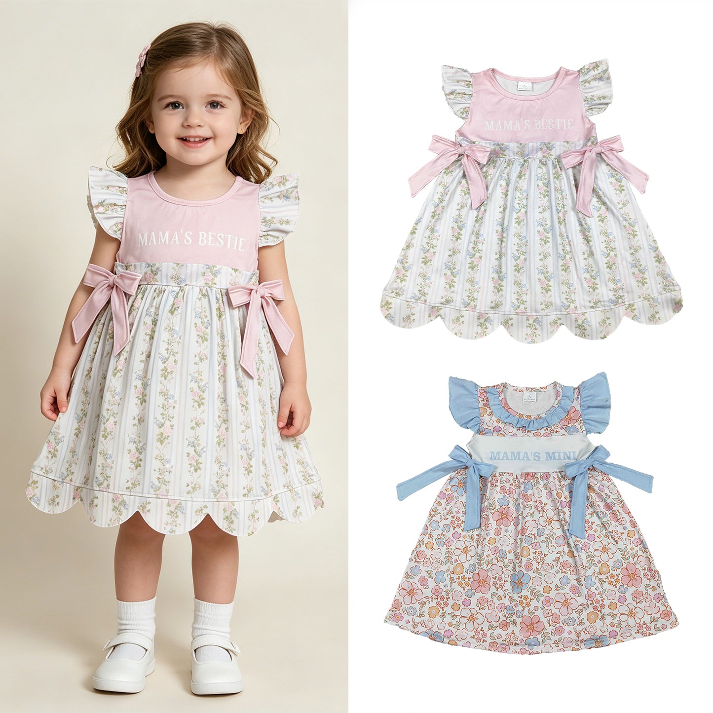 RTS NO MOQ Sibling milk silk Baby Girls Flutter Sleeve Floral Print Summer Knee Length Dresses