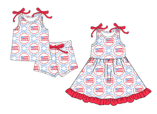 4.16 custom each style moq 5eta 4-6week Sibling Sister flag bow baby girl short sleeve shorts sets and dresses match design