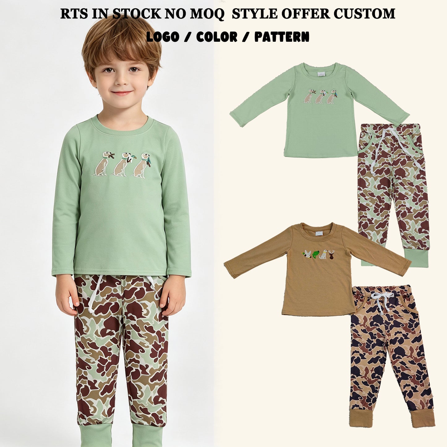 RTS NO MOQ Sibling milk silk Embroidery Dog Ducks Baby Boys Top Camo Pockets Jogger Hunting Clothes Sets