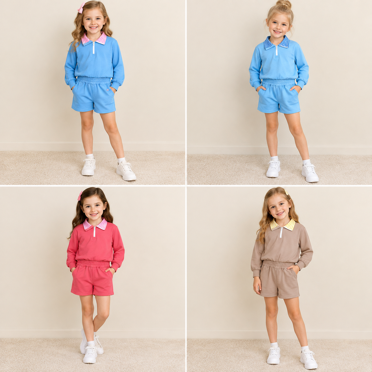 RTS NO MOQ Sibling cotton Baby Girls Gingham Collar Half Zip Long Sleeve Top Shorts Outfit Set