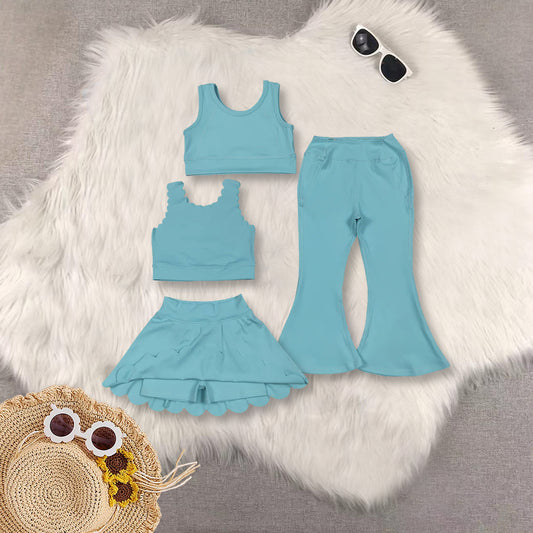 RTS NO MOQ baby girl clothes Solid blue sleeveless pants yoga set and skirts sets