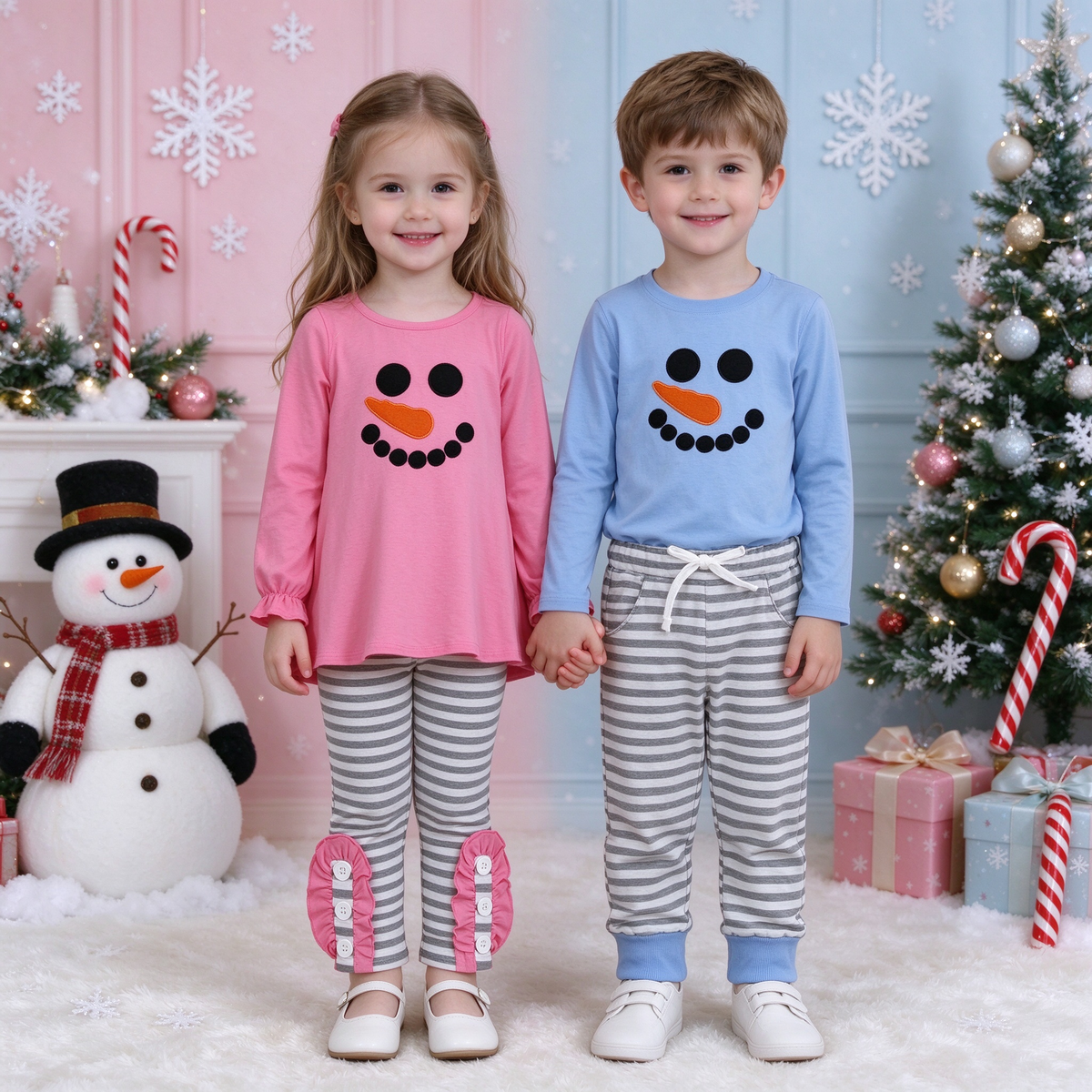 Baby Kids Snowman Face Collection - Magenta Peplum Stripe Set & Blue Tee Stripe Pants