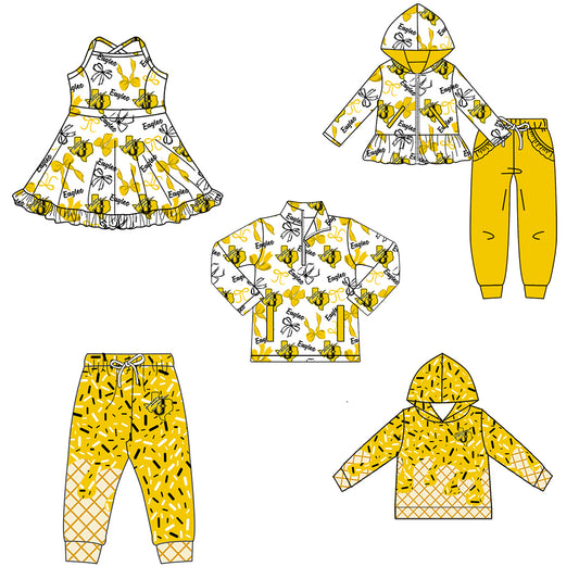Custom moq 5 mix size milk silk summer teams baby girls clothes bow yellow hooded long sleeve pants sets and dress and top and hooded top and pant-25.8.12