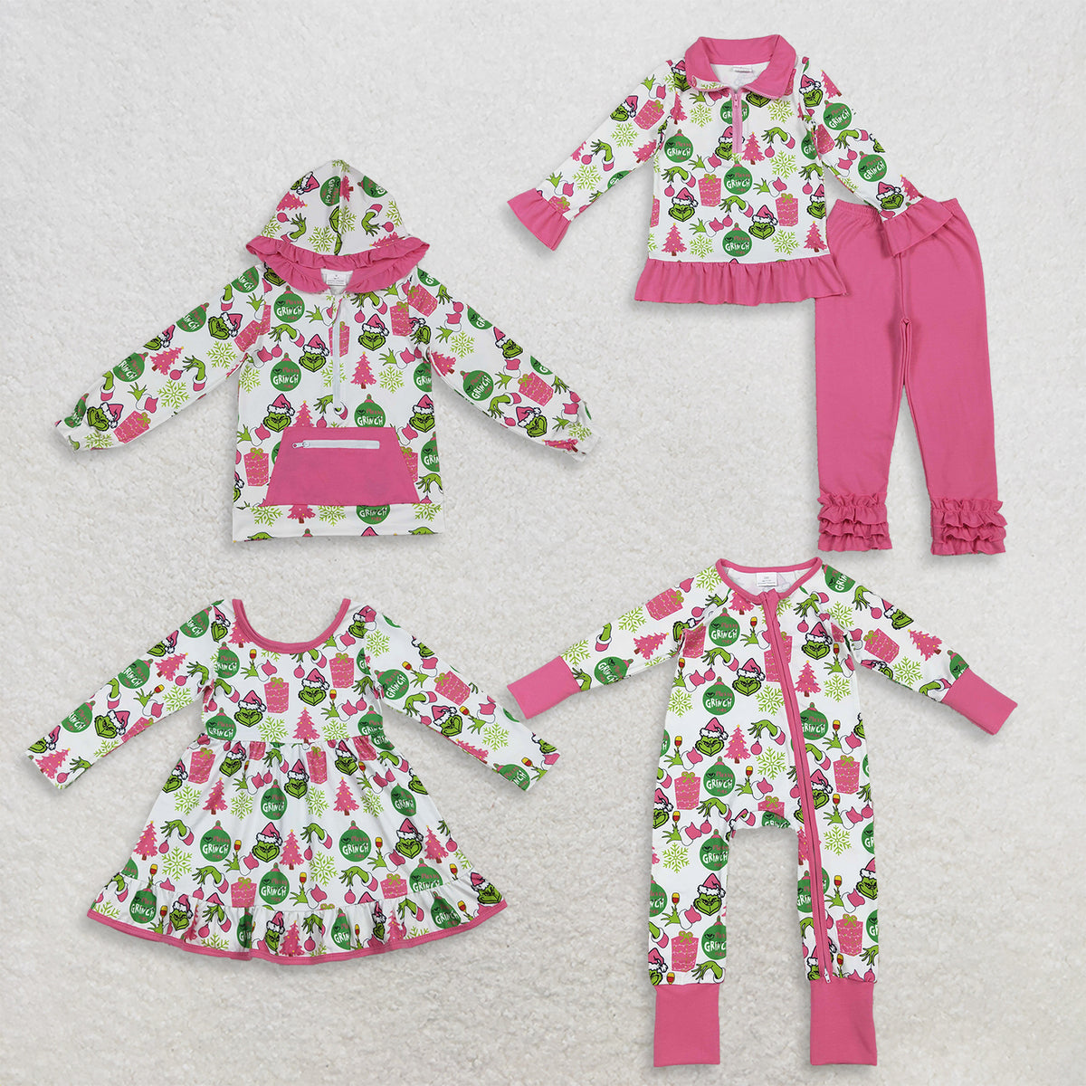 RTS NO MOQ Sibling milk silk Baby Girls Christmas Print Zipper Pullover Top Matching Ruffle Hem Leggings Clothes Set Dress Rompers