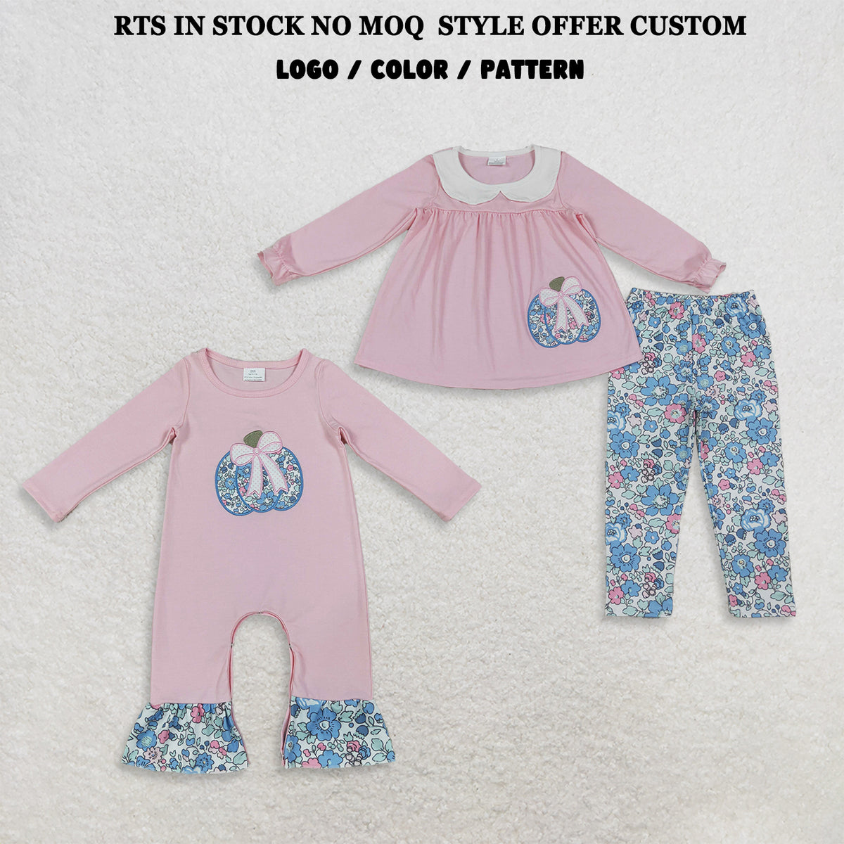 RTS NO MOQ Sibling milk silk Embroidery Baby Girls Pink Floral Pumpkin Top And Floral Print Pants Set With Matching Baby Ruffle Romper
