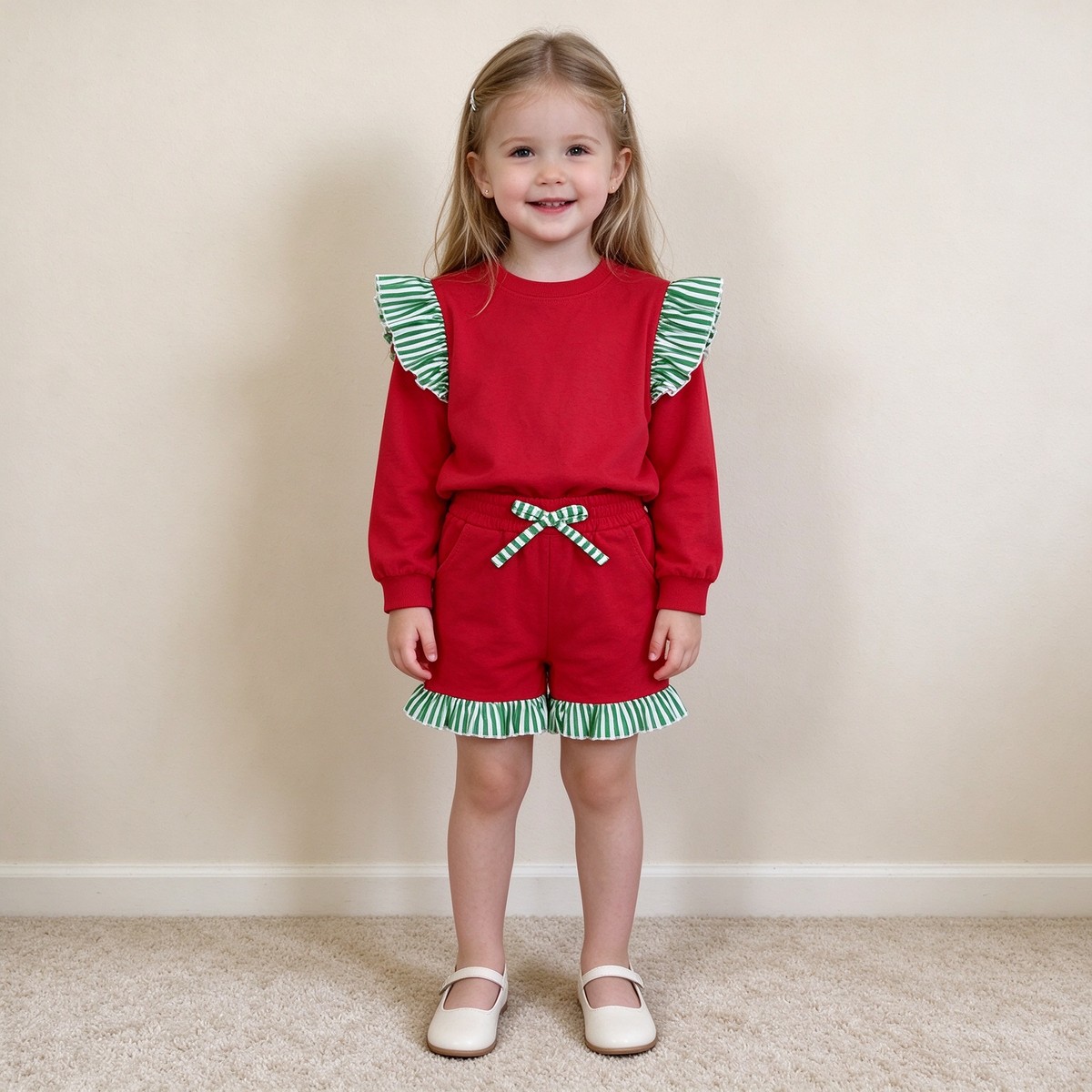 NEW RTS NO MOQ milk silk GLS0217（GT1844+SS0997）Baby Girls Red Green Stripe Flutter Sleeve Top Pockets Ruffle Short Set