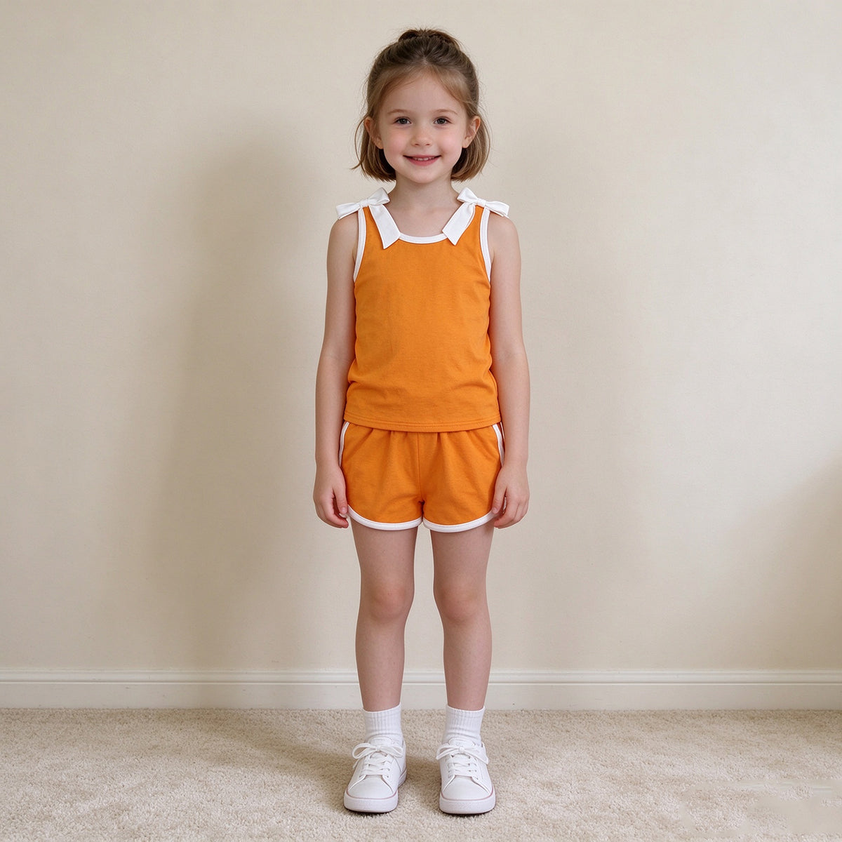 NEW RTS NO MOQ cotton GSSO3851 Baby Girls Orange White Bow Sleeveless Top Shorts Two Piece Summer Sets