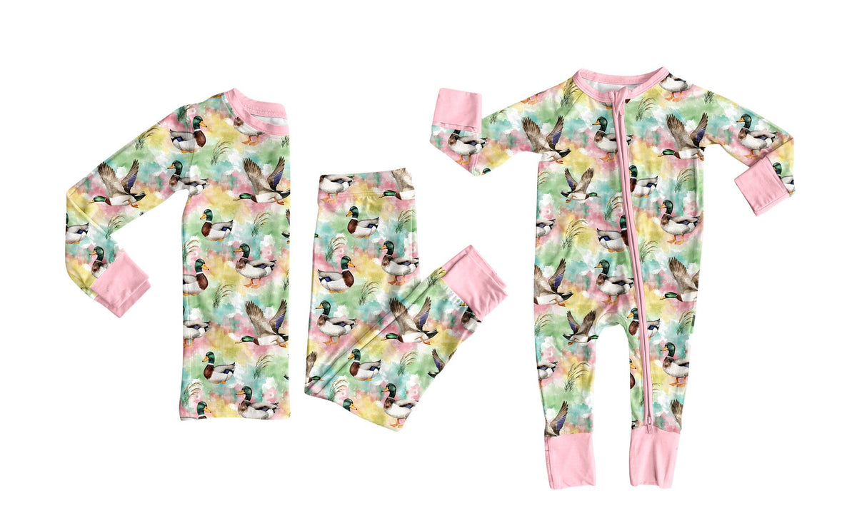 (Preorder new) No moq Baby Girls Watercolor Mallard Duck Print Bamboo Pajama Set Zipper Romper Long Sleeve Sleepwear