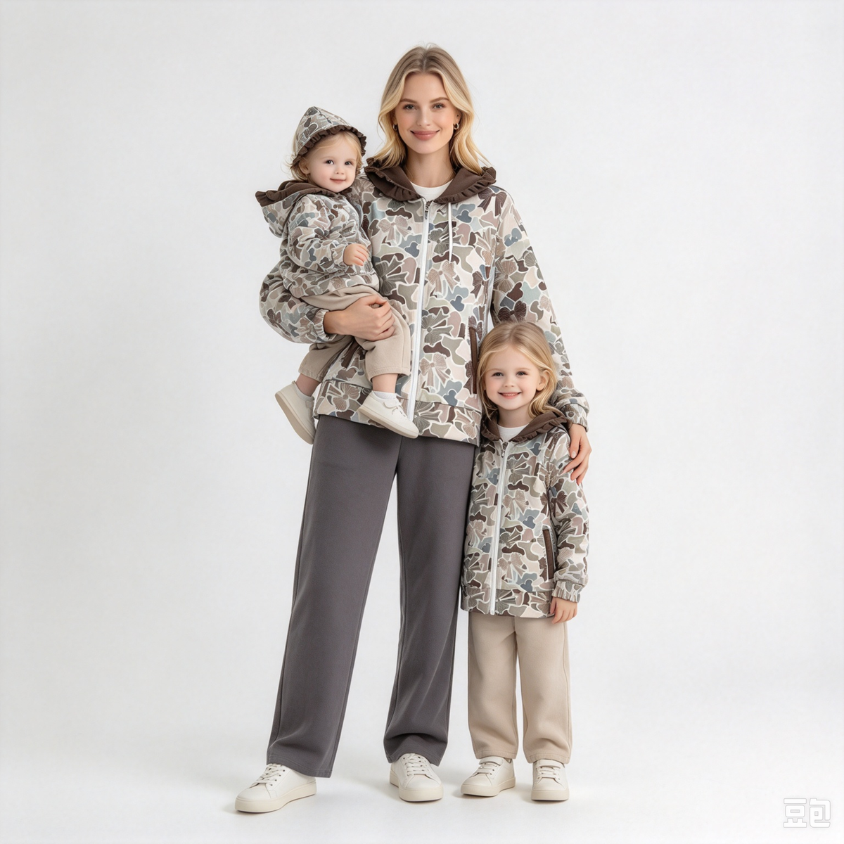 RTS NO MOQ Sibling milk silk Adult To Match Kids Camo Print Full Zip Hooded Jacket Ruffle Trim Hood Casual Coat