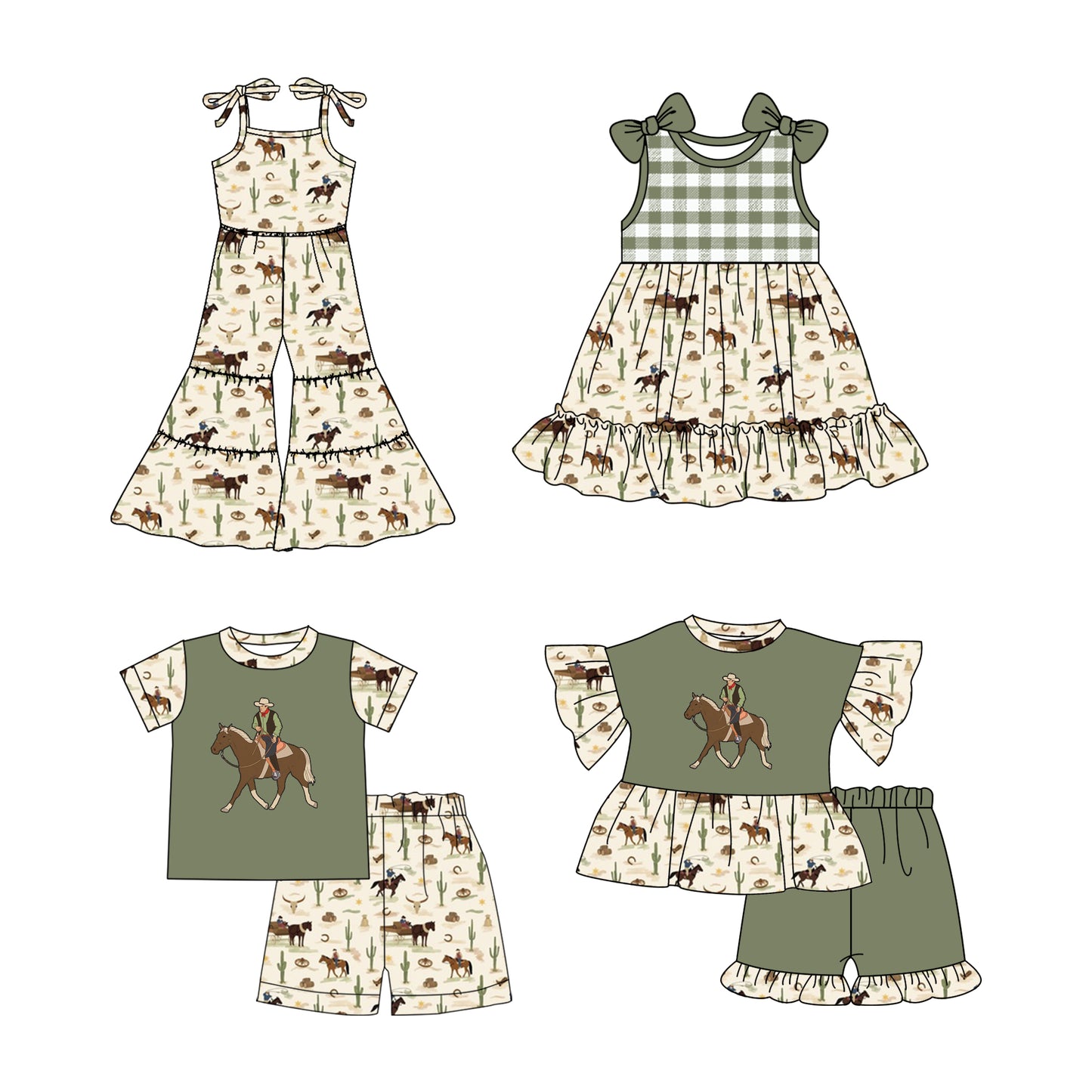 2.21 custom each style moq 5eta 4-6week Sibling Sister riding horse baby girl sets and dress and jumpsuit match family design