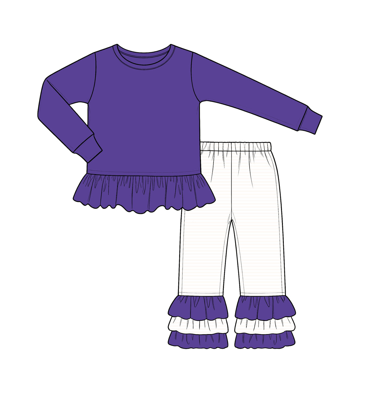 Custom moq 5 cotton fabric fall grils ruffle bow Purple and white lace long-sleeve top and trousers set blank offer custom logodie sets