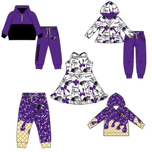 Custom moq 5 mix size milk silk summer teams baby girls clothes bow purple hooded long sleeve pants sets and boy sets and dress and hooded top and pant-25.8.14