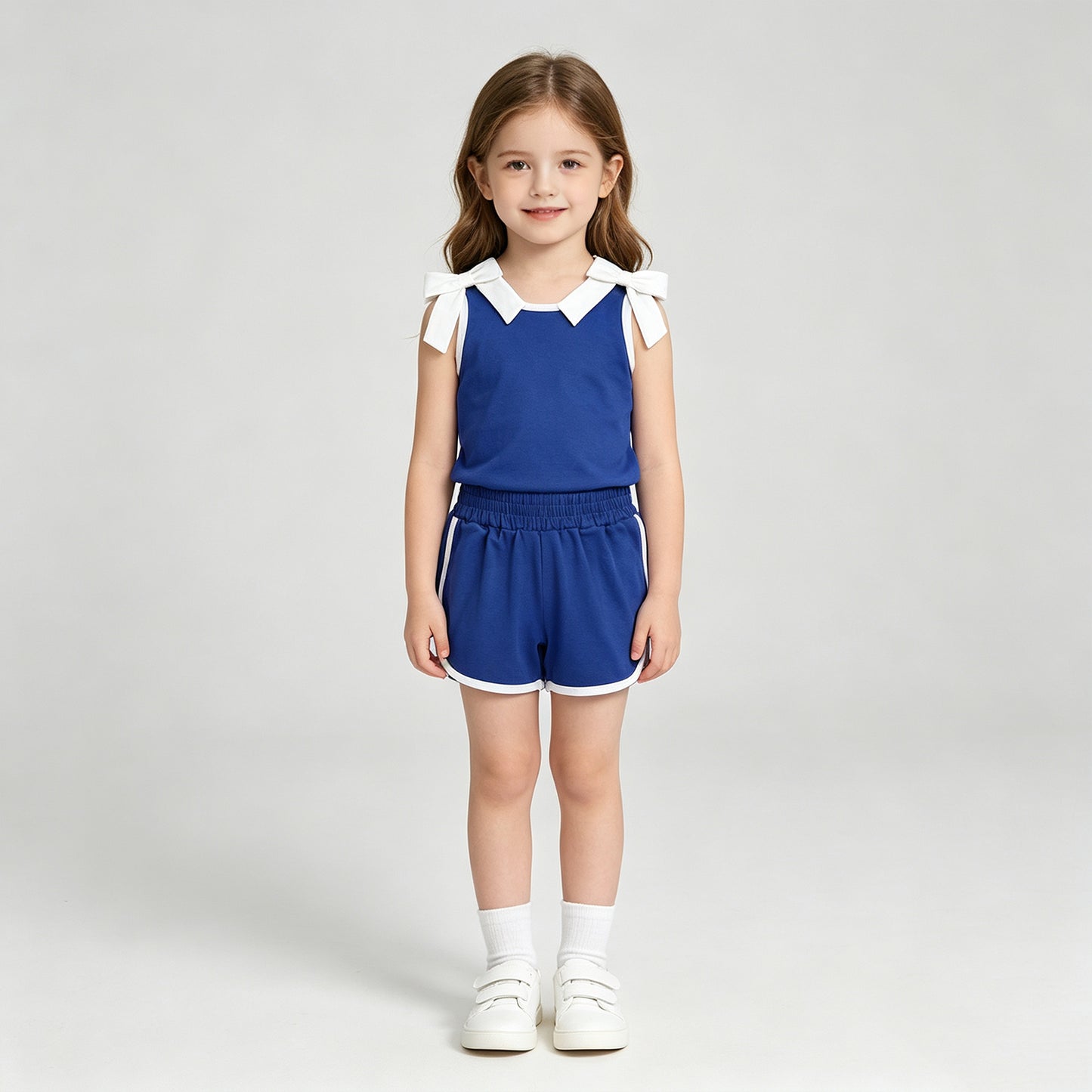 NEW RTS NO MOQ cotton GSSO3824 Baby Girls Blue White Bow Print Sleeveless Top Shorts Summer Set