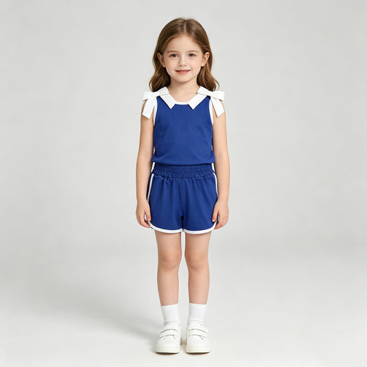 NEW RTS NO MOQ cotton GSSO3824 Baby Girls Blue White Bow Print Sleeveless Top Shorts Summer Set