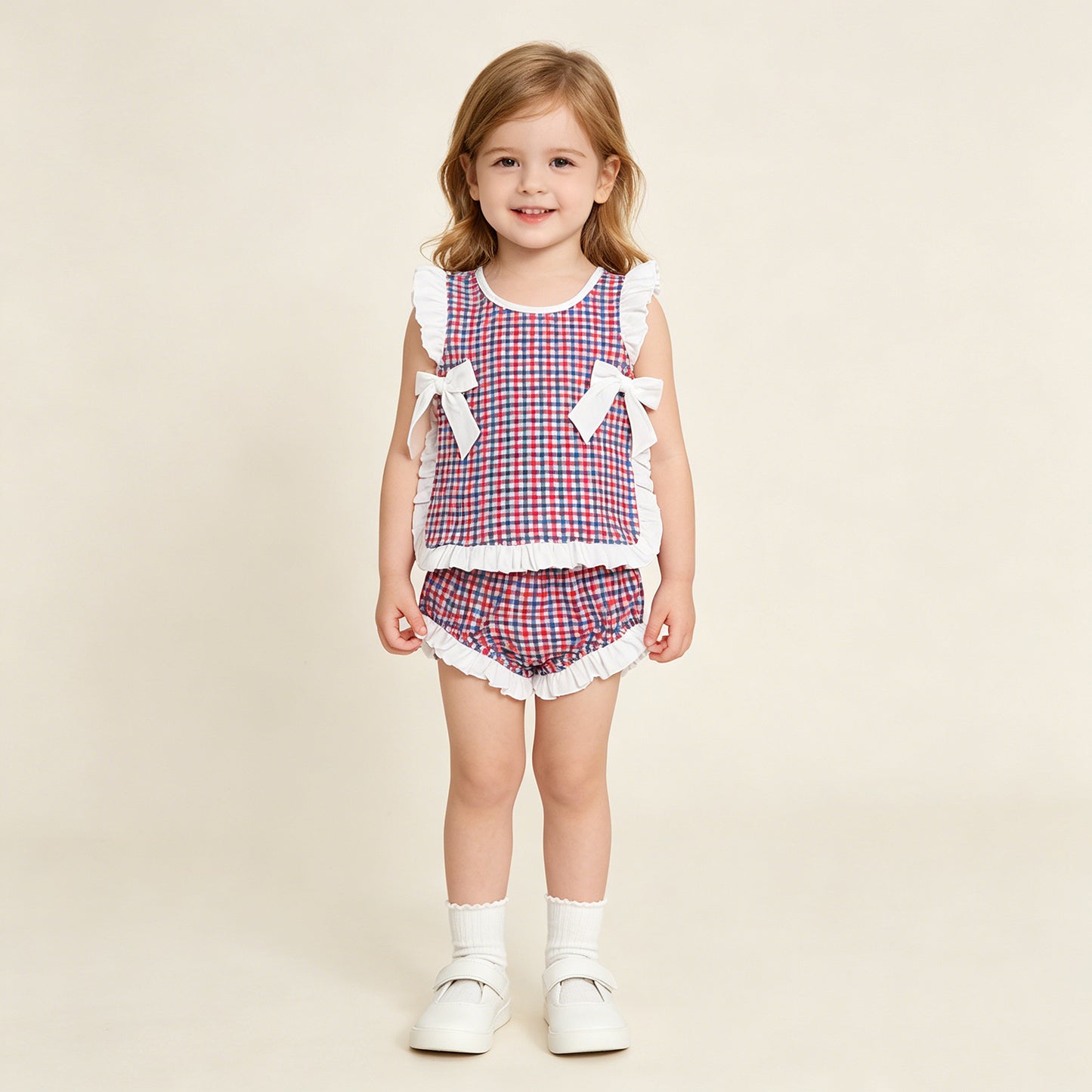 RTS NO MOQ Sibling milk silk Baby Girls Checked Bows Tunic Bummies Clothes Sets