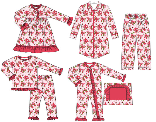 25.6.30 custom each style moq 5eta 4-6week Sibling Sisters bow baby girl long sleeve pants sets and adult top and adult pants and romper and dress match family design