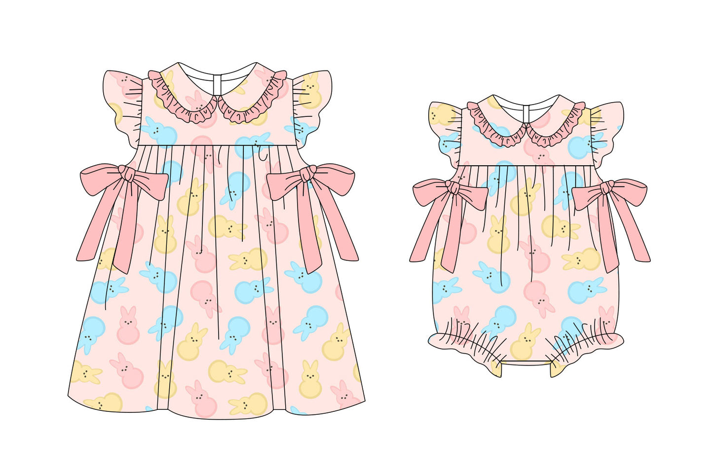 25.11.6 custom each style moq 5 eta 6-8week Sibling Sister easter bunny baby short sleeve romper and dress match design