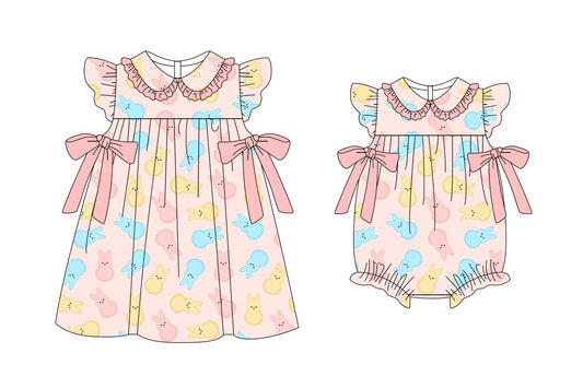 25.11.6 custom each style moq 5 eta 6-8week Sibling Sister easter bunny baby short sleeve romper and dress match design