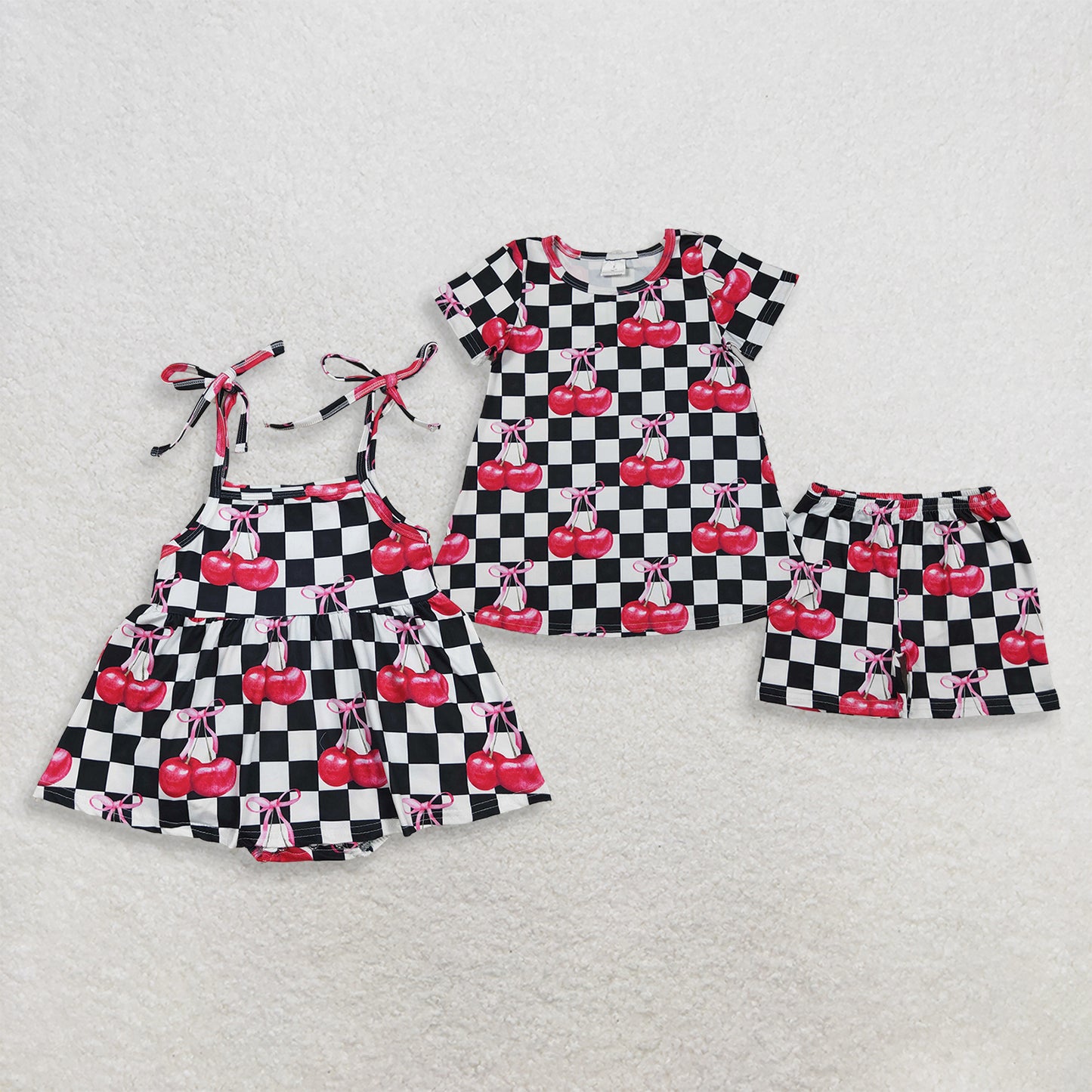 RTS NO MOQ milk silk Sibling Baby Girls Cute White Black Checked Cherry Tunic Shorts Set Strap Ruffle Tunic Rompers