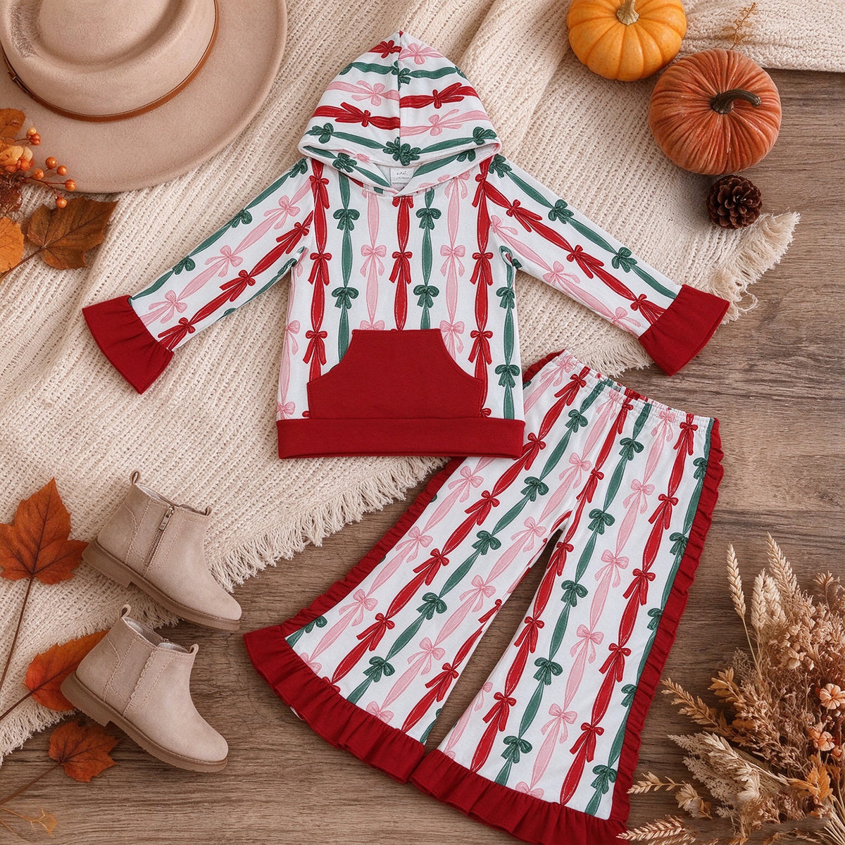 NEW RTS NO MOQ milk silk GLP3497 Baby Girls Green Red Bows Stripe Pocket Hoodie Ruffle Pant Christmas Sets Holiday Outfit