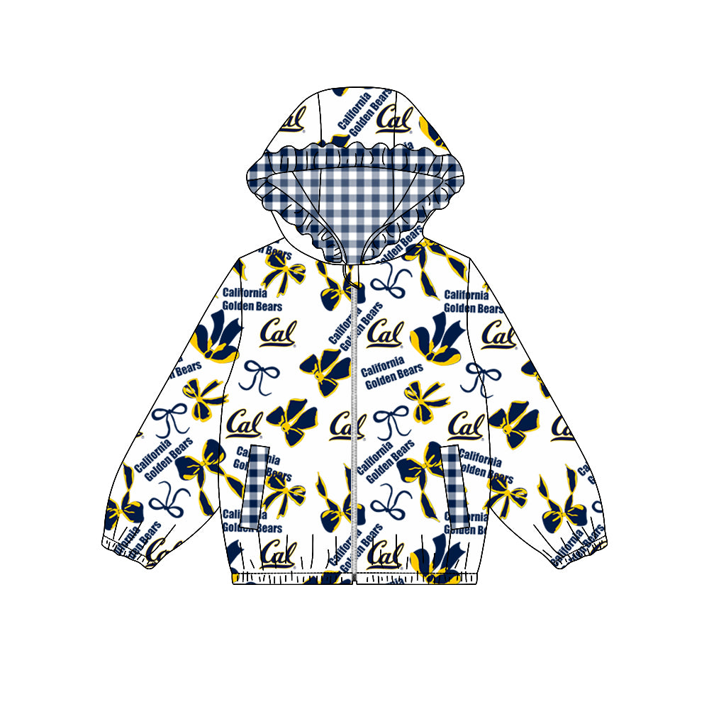 custom moq 5 mix size XFC070901 Baby Girls Bow Pocket Zip Team Print Long Sleeve Hoodie Casual Top