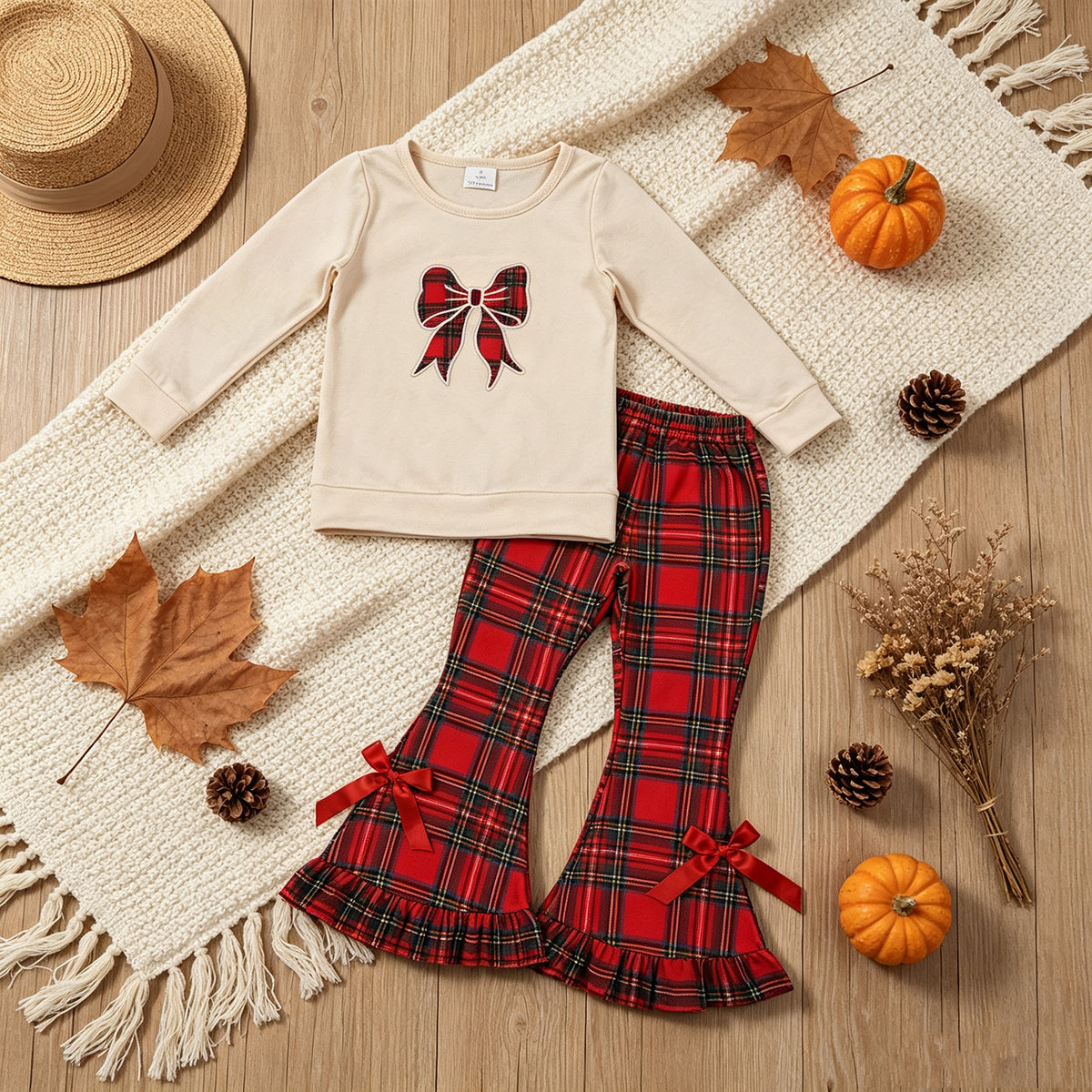 NEW RTS NO MOQ milk silk GLP3547 Embroidery Checked Bows Baby Girls Top Ruffle Pant Christmas Clothes Sets