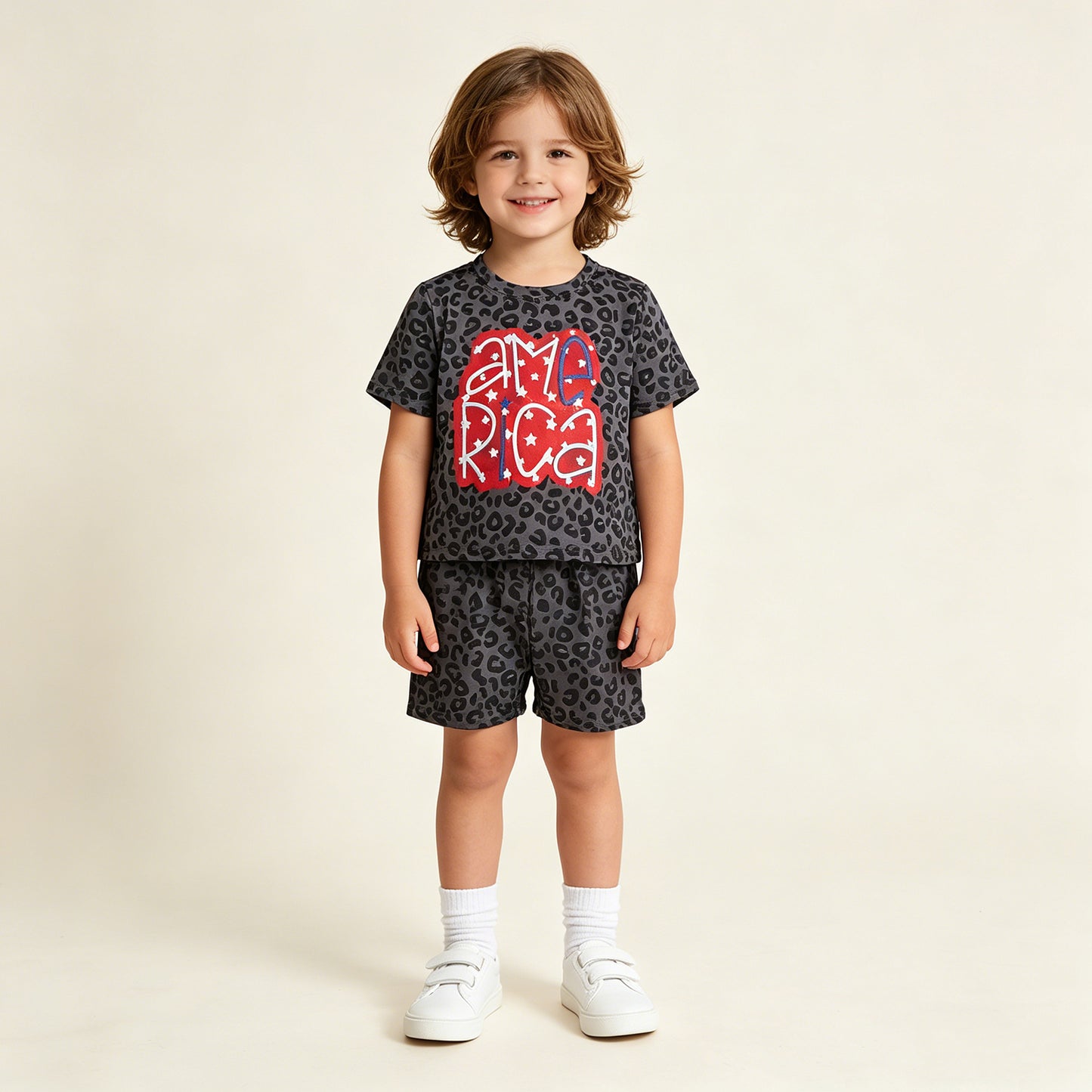 RTS NO MOQ GSSO2576 Baby Girls 4th Of July Summer Black Leopard American Star Slouchy Daily Wear Set