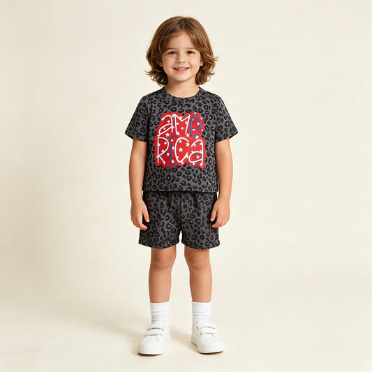 RTS NO MOQ GSSO2576 Baby Girls 4th Of July Summer Black Leopard American Star Slouchy Daily Wear Set