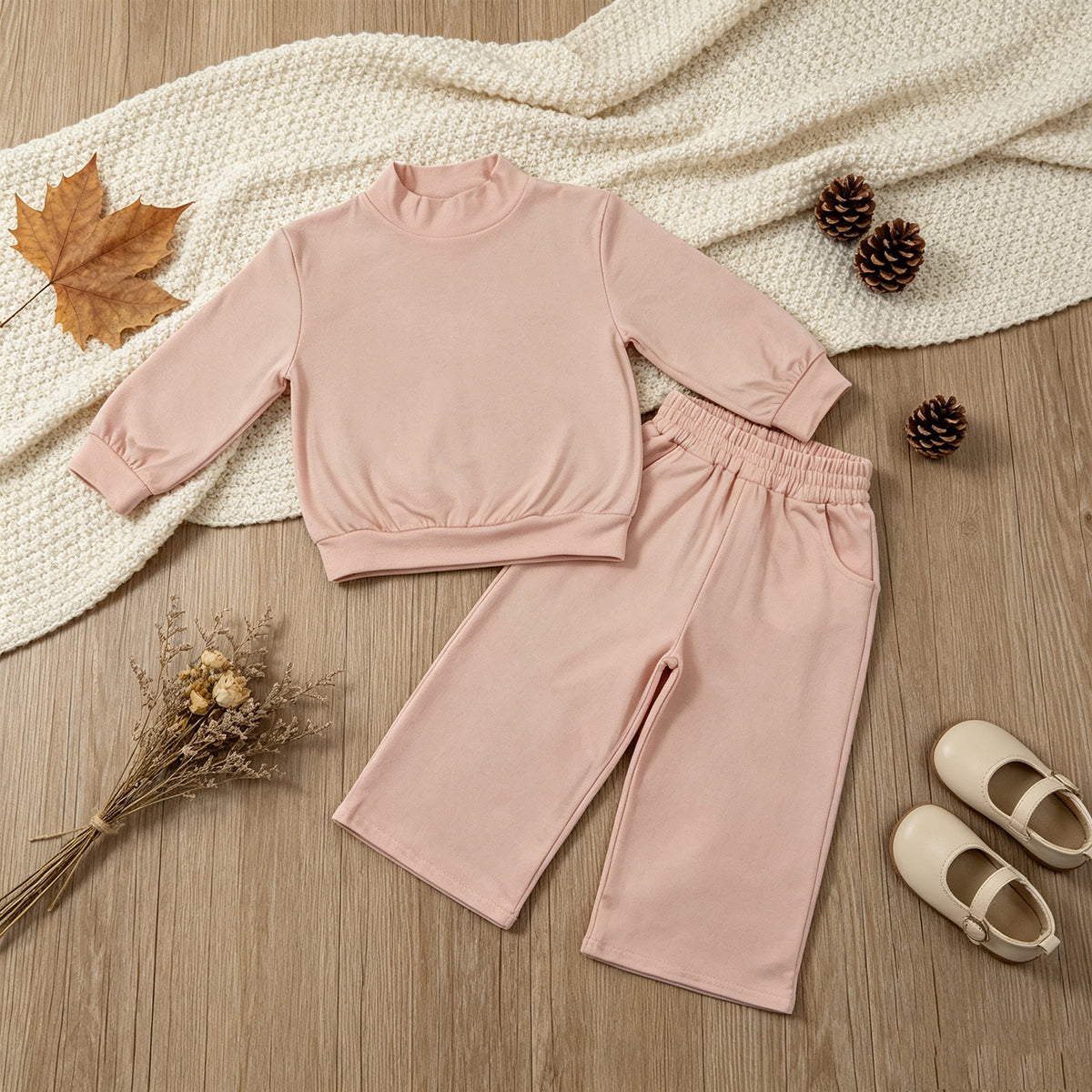 NEW RTS NO MOQ cotton GLP3410 Baby Girls Light Pink Pocket Long Sleeve Top Flare Pants Set Casual Sleepwear