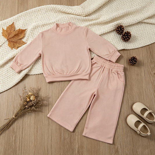 NEW RTS NO MOQ cotton GLP3410 Baby Girls Light Pink Pocket Long Sleeve Top Flare Pants Set Casual Sleepwear