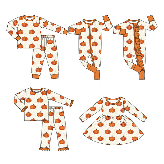 25.5.7 custom each style moq 5eta 4-6week Sibling Sisters pumpkin baby girl long sleeve pants sets 1 and sets 2 and dress and romper 1 and romper 2 match family design