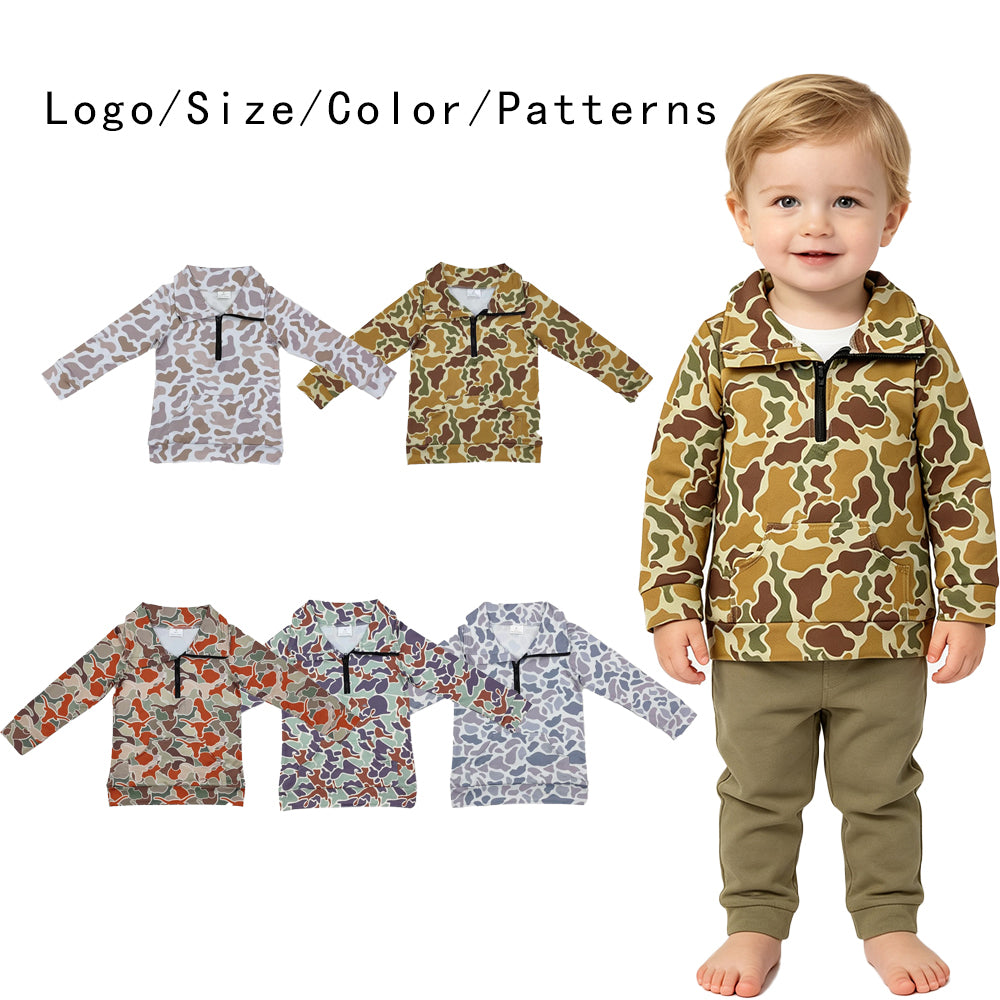 RTS NO MOQ Sibling milk silk Baby Boys Camo Half Zip Collared Long Sleeve Shirt Top