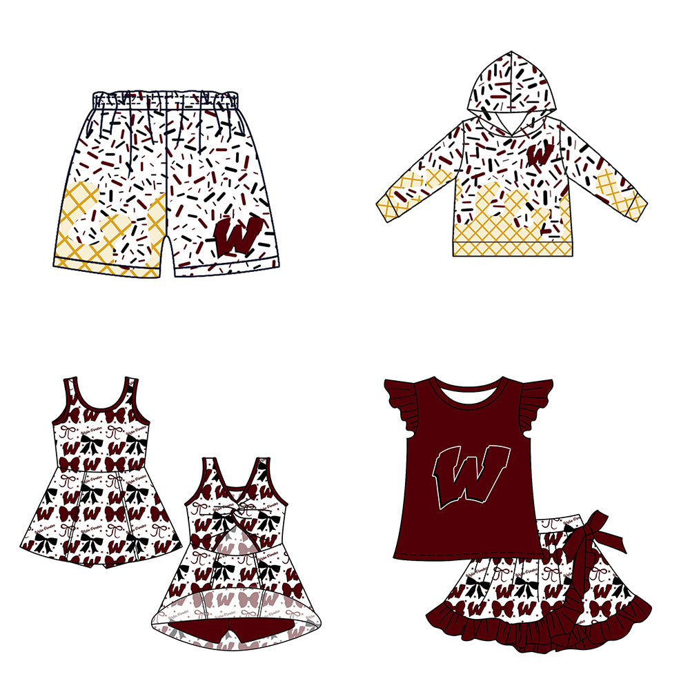 Custom moq 5 mix size milk silk baby girls clothes team bow brick red hooded long sleeve tops and and skirts sets and dress and shorts-25.7.17