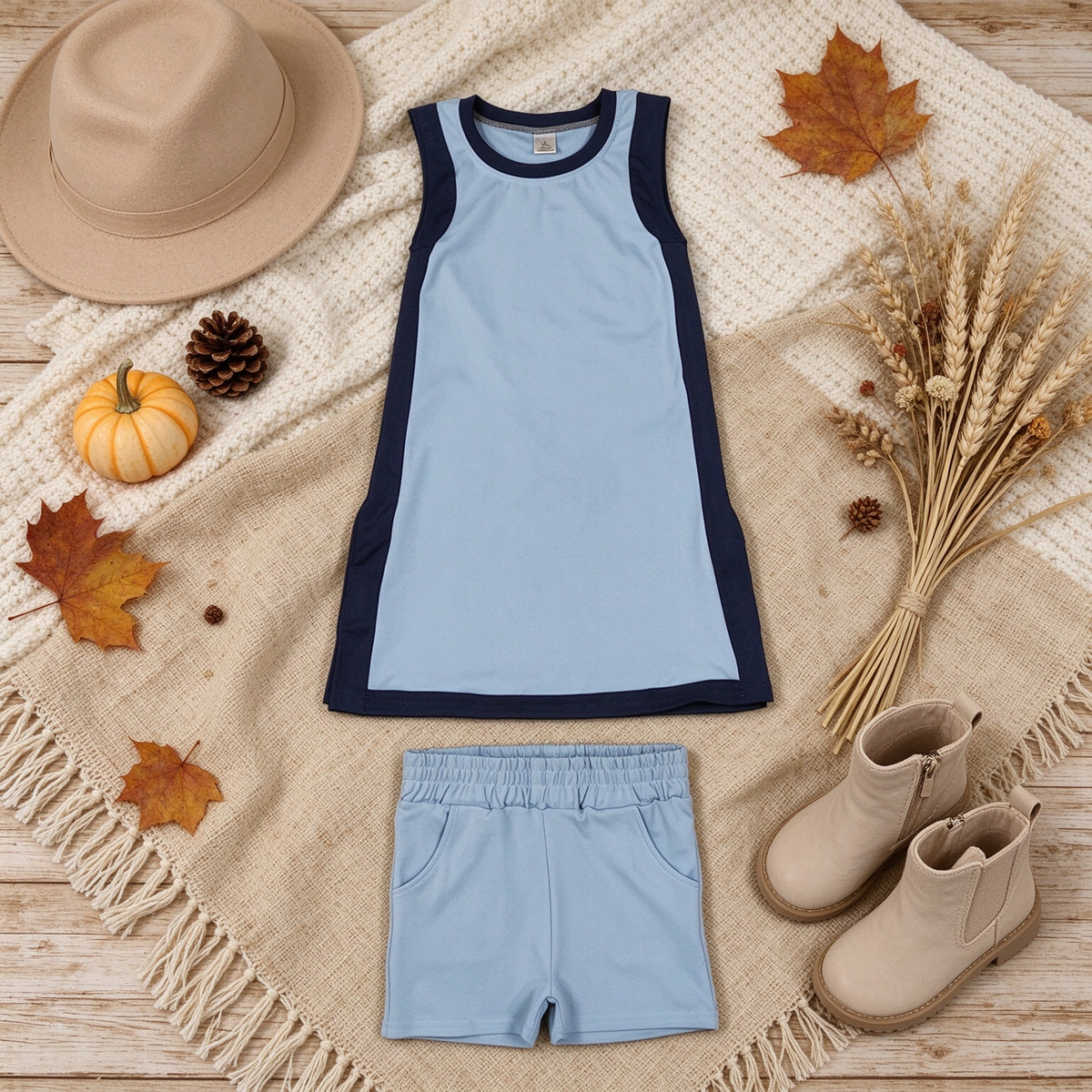 NEW RTS NO MOQ yoga fabric cotton GSSO3847（GSD4256+SS0961）Yoga Separate Shorts Baby Girls Light Blue Sleeveless Top Split Hem Short Yoga Skirt Set