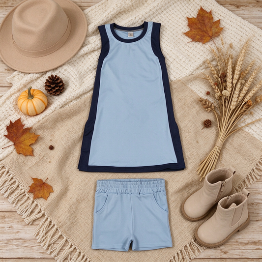 NEW RTS NO MOQ yoga fabric cotton GSSO3847（GSD4256+SS0961）Yoga Separate Shorts Baby Girls Light Blue Sleeveless Top Split Hem Short Yoga Skirt Set